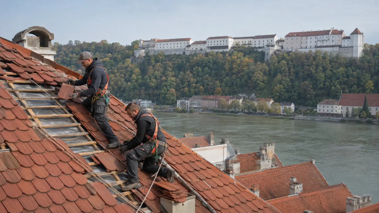 Dachdecker in Passau bei der Dachsanierung mit Blick auf die Veste Oberhaus über der Donau