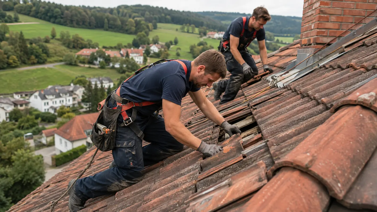 Dachreparatur in Passau – Austausch beschädigter Ziegel auf einem Steildach in Niederbayern