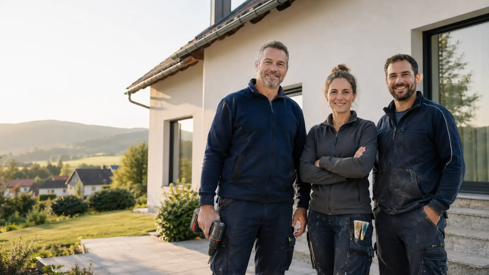Handwerksteam aus Passau vor einem Wohnhaus in Niederbayern – Elektro, Sanitär, Maler und Ausbau aus einer Hand