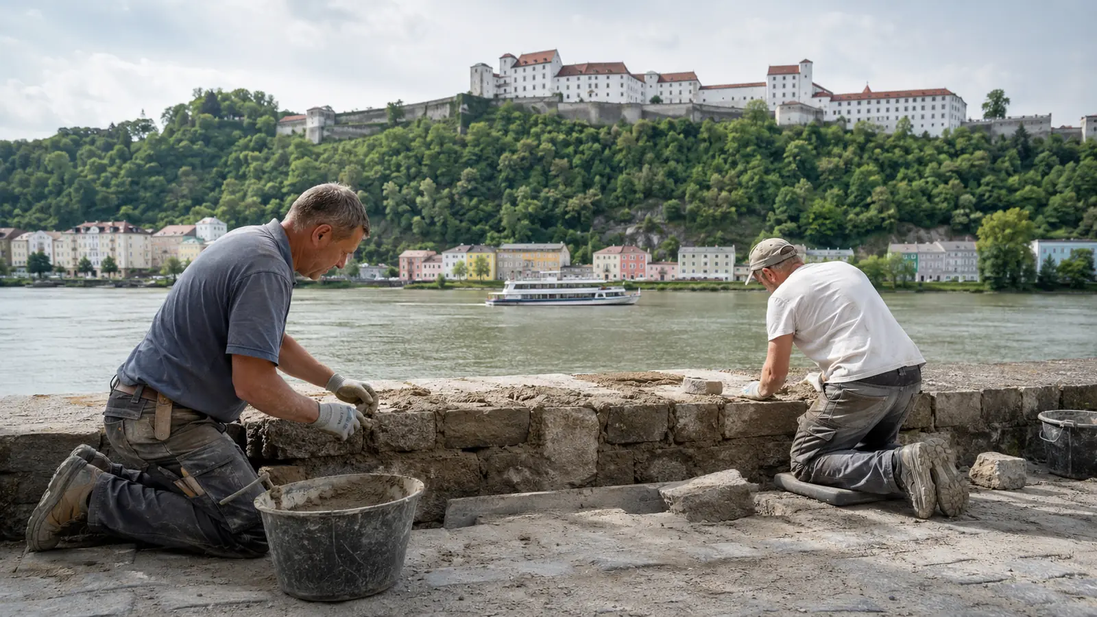 Maurerarbeiten an der Donaulände in Passau – Handwerksbetrieb bei der Sanierung eines Altbaus